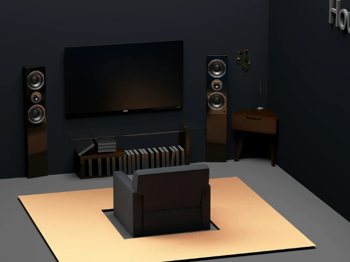 a living room with a flat screen tv and speakers