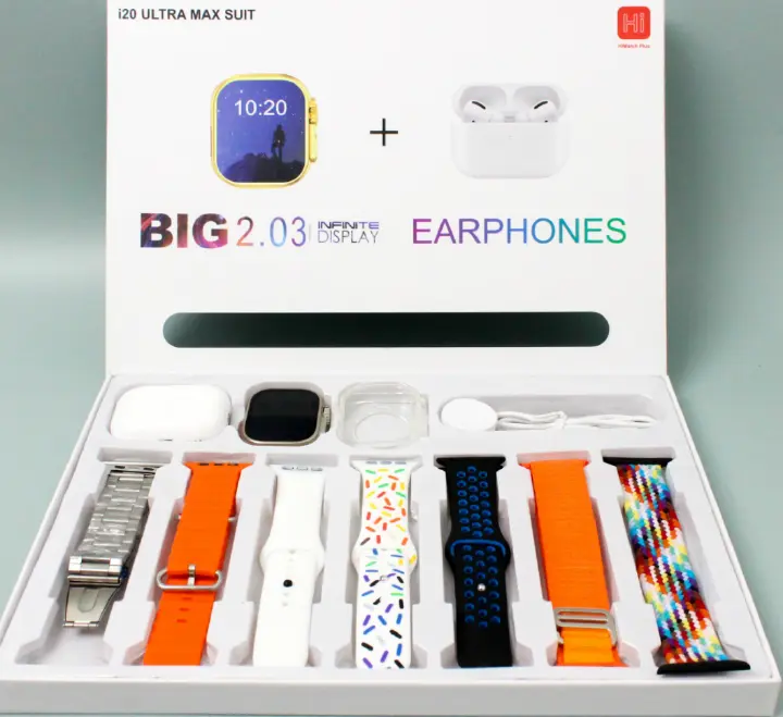 I20 Ultra Max Smart Watch Ultra 10 In 1 Waterproof 7 Straps + Protective Case + Earphones Men Women 49MM Bluetooth Call Heart Rate Wireless Charging Fitness Bracelet Smartwatch Set