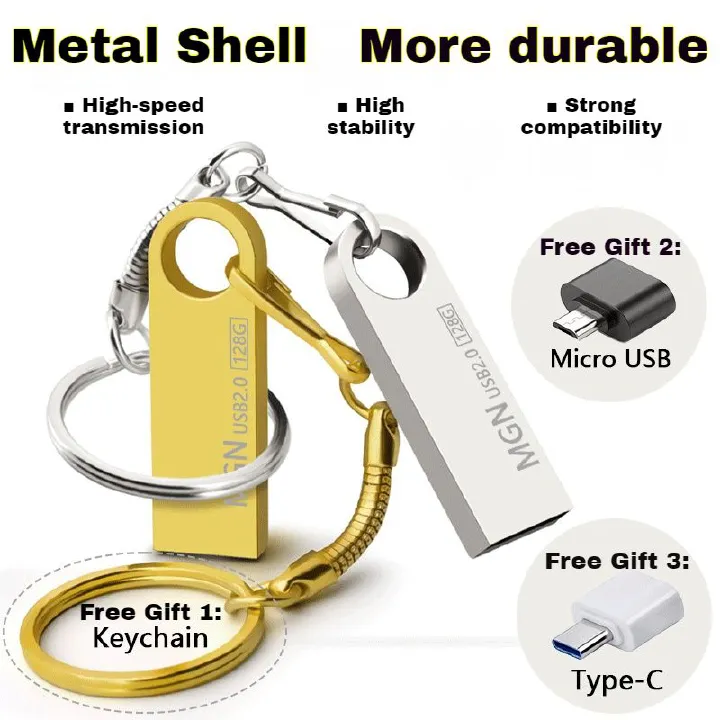 Metal High-speed reading and writing USB Flash Drives 128GB/64GB/32GB/16GB/8GB/4GB Portable Shockproof USB Flash Disks Additional Gift Keychain + Android OTG Adapter +Type-C OTG Adapter (128GB)