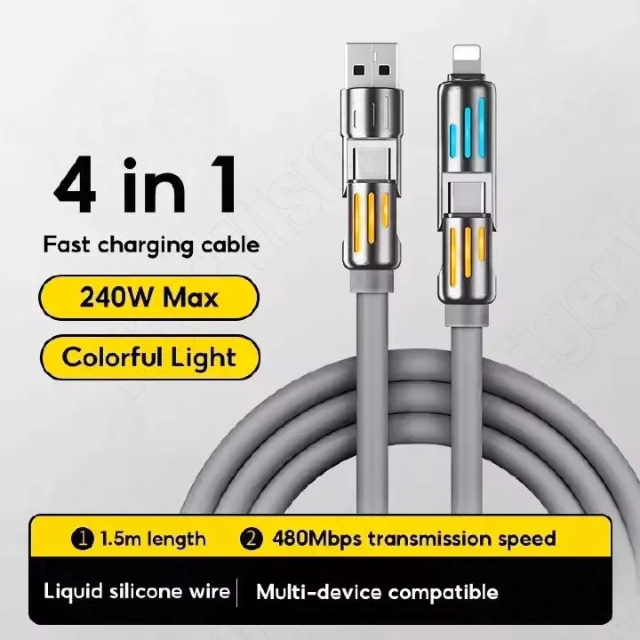 240W Super Fast Charging Cable 4-in-1 Zinc Alloy Liquid Silicone Multi-Device Charger LED Night Type-C/iOS/Micro USB
