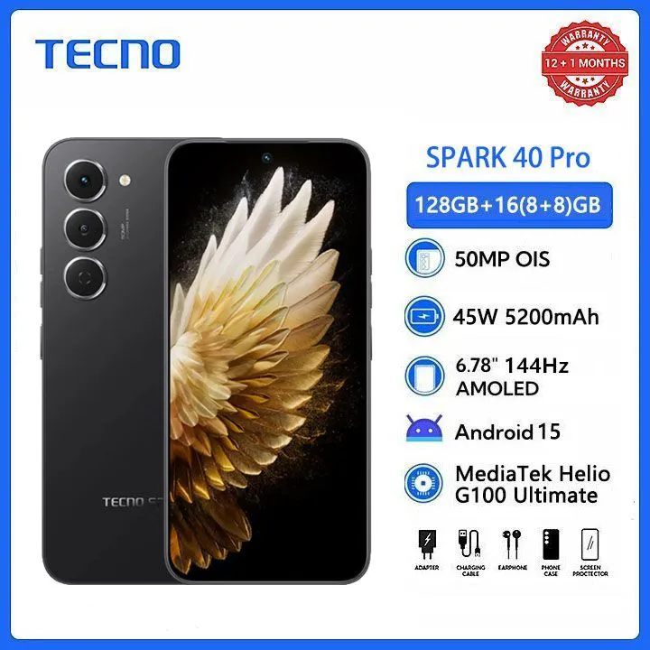 TECNO SPARK 40 128GB +8(4+4)GB 6.67" 120Hz Phone Dynamic Port 50MP Dual Speaker 5200mAh 45W Type-C Dual SIM 4G Side Fingerprint IP64 Smart Phones
